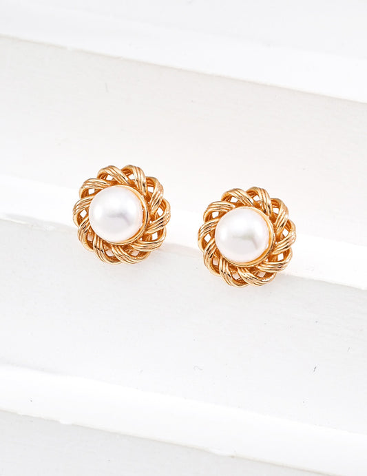 Vintage Pearl Gold Stud Earrings