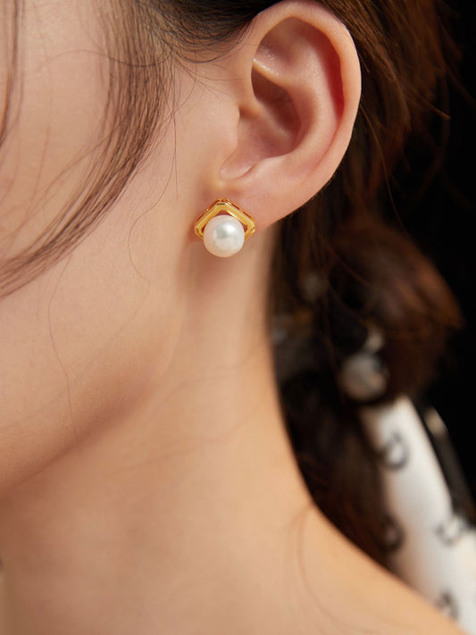 The Unrung Bell · Geometric Pearl Stud Earrings
