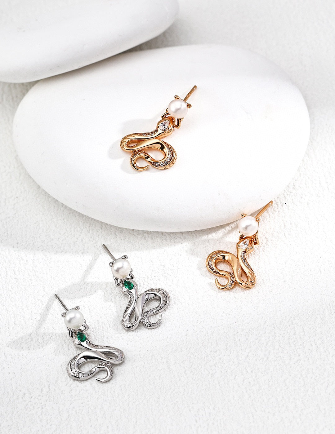 Still Waiting · Vintage Serpentine Pearl & Zircon Coil Earrings